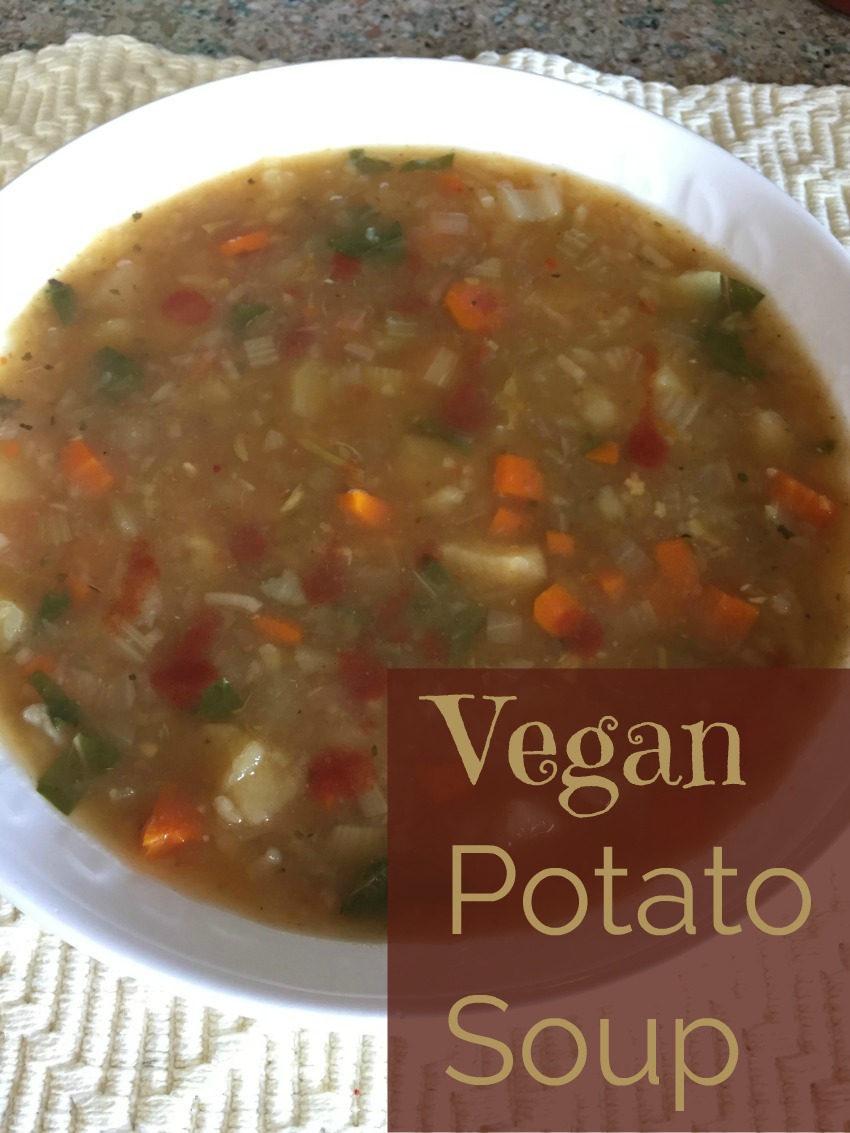 A soupy and brothy, not creamy or cheesy, flavorful vegan potato soup. It's so good you'll want to make a double batch so that you have lots of leftovers.