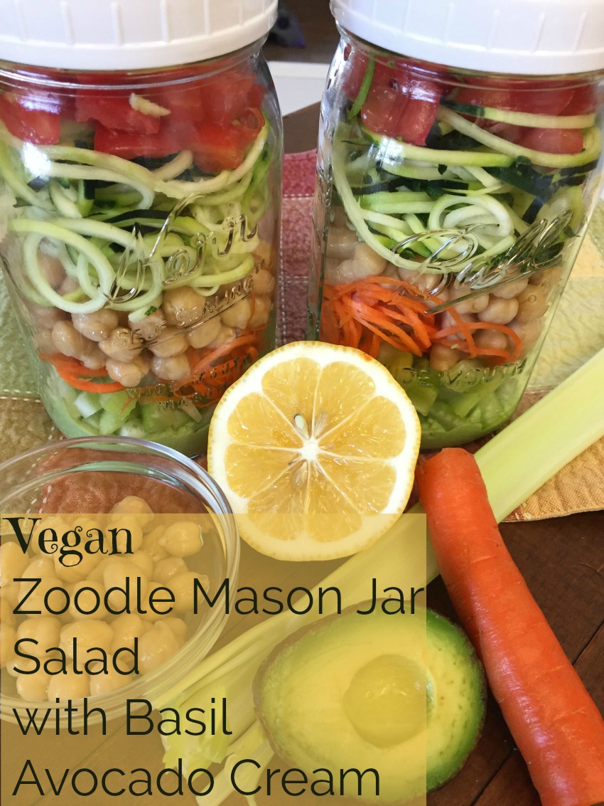 Be the envy of the office when you are eating this beautiful vegan Zoodle Mason jar salad.