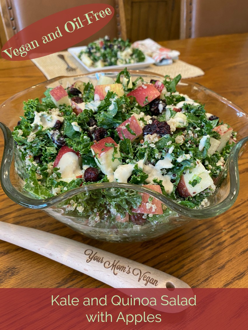 This Kale and Quinoa Salad with Apples is a nutritious meal by itself or a great addition to your potluck table. It's great for packed lunches too!