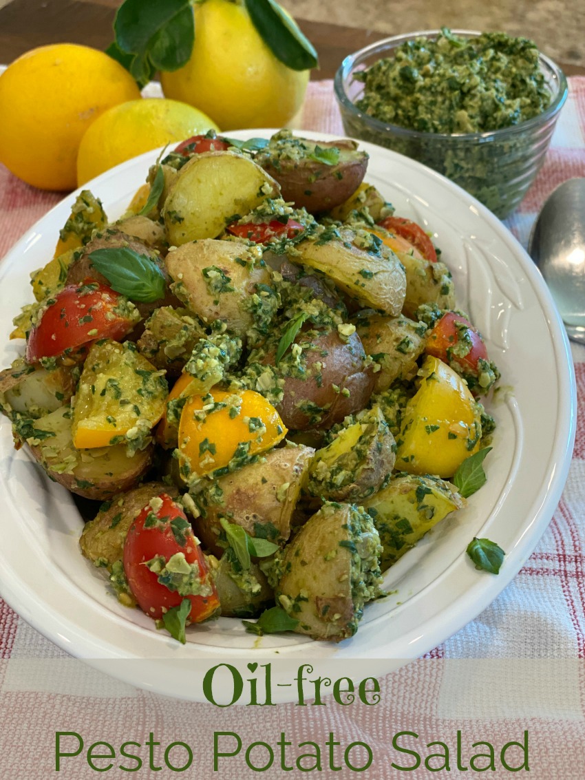 No more boring potato salad! This Oil-free Pesto Potato Salad is a much more interesting and colorful dish to brighten your picnic table and your tastebuds! 