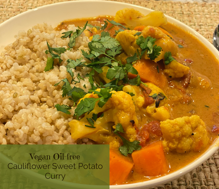 Full of the flavor of warm spices this Vegan Oil-free Cauliflower Sweet Potato Curry is perfect for a cool fall or winter evening.