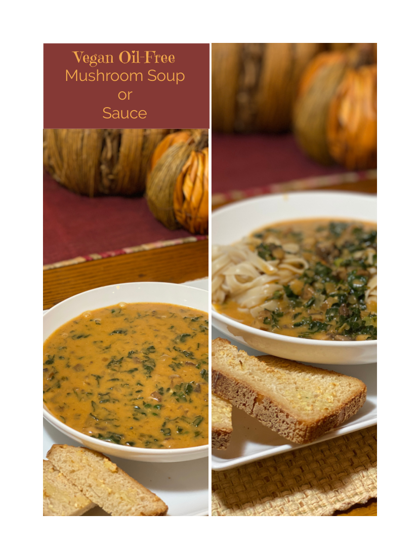 This Vegan Oil-free Mushroom Soup or Sauce is delicious as a soup with some crusty bread on the side or ladled over your favorite starch.